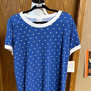 LuLaRoe Royal Blue Polka Dot Tee with White Trim